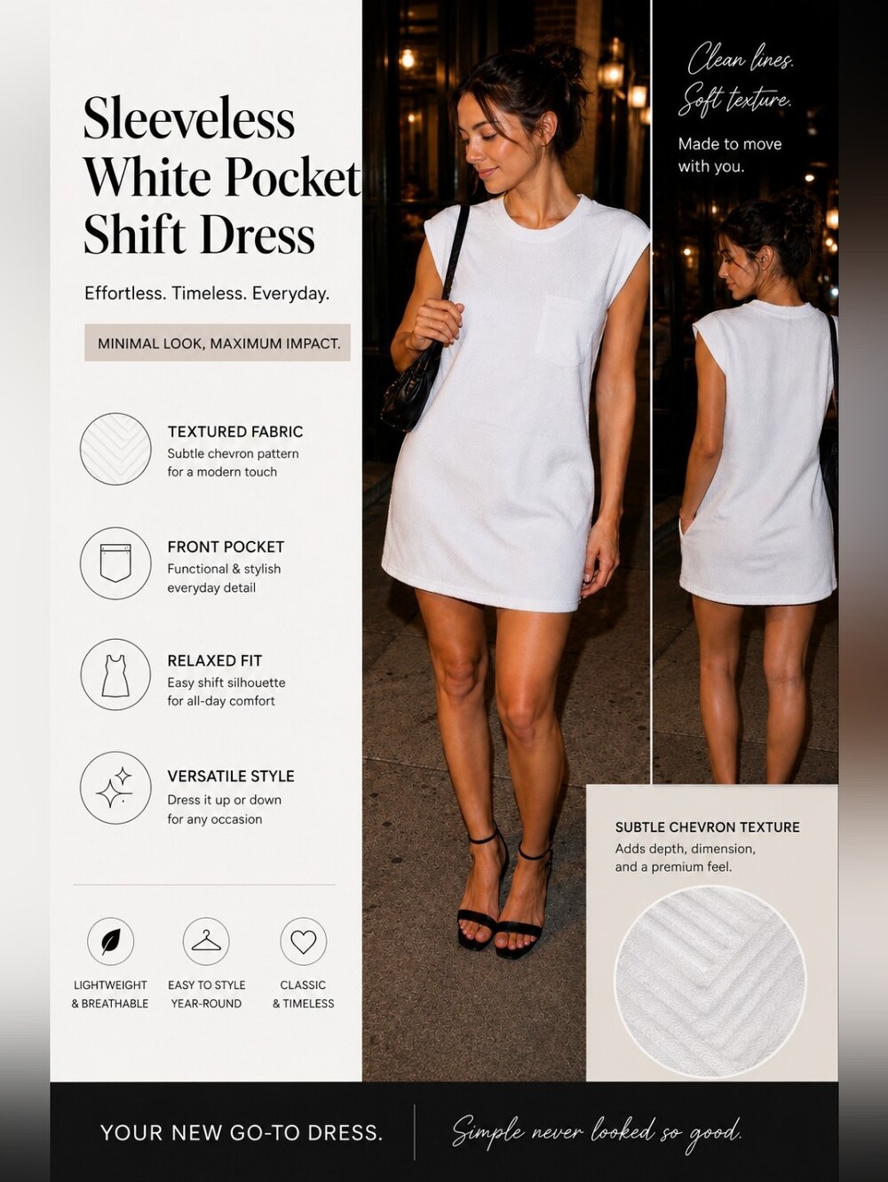Sleeveless White Pocket Shift Dress - Women's